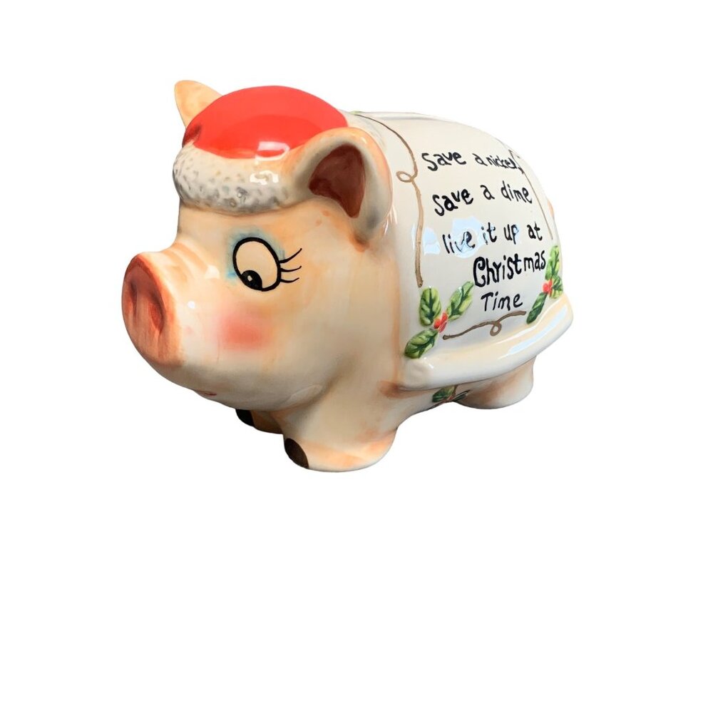 Vintage Christmas Piggy Bank with Santa Hat & Floral Design Ceramic